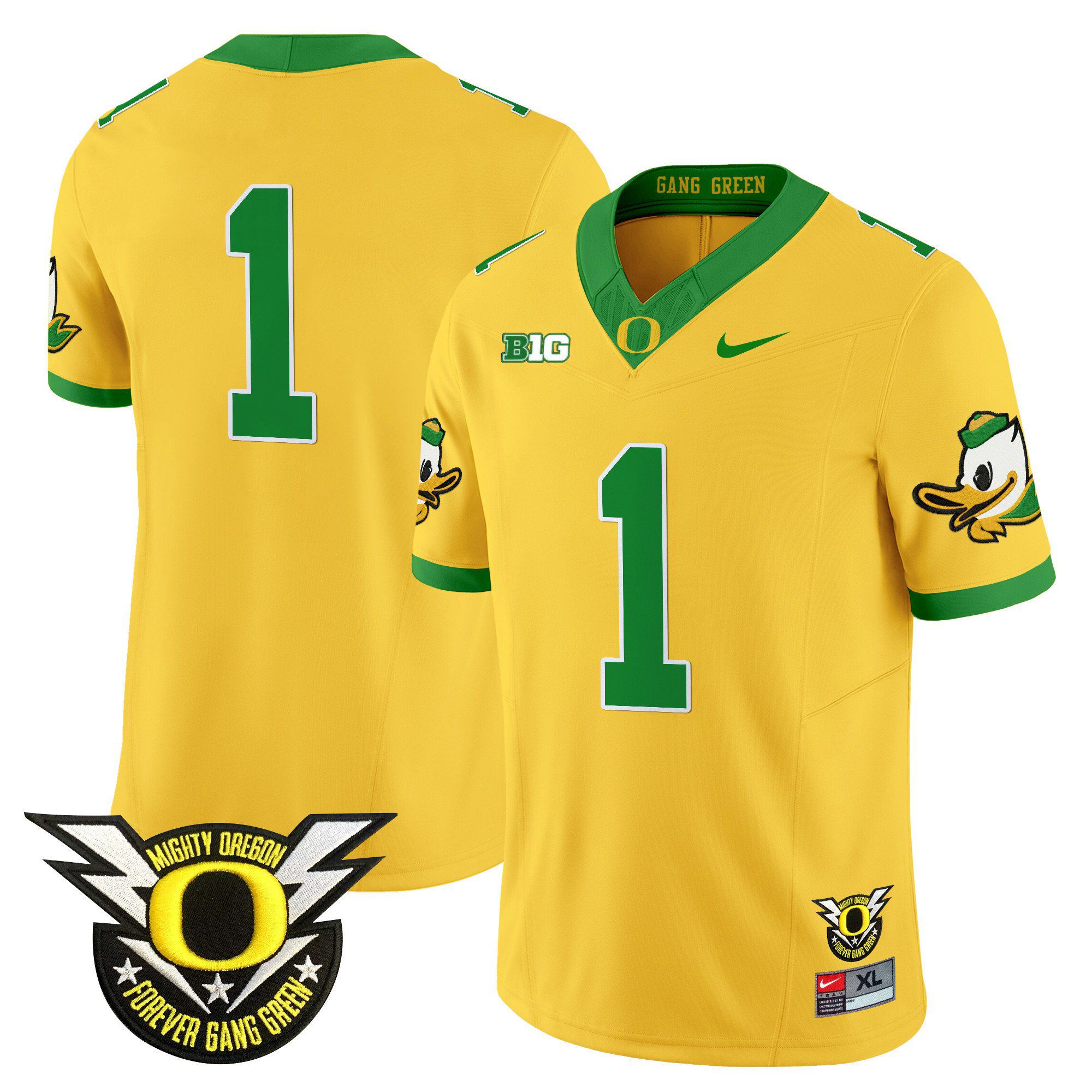 Men Oregon Ducks #1 No Name Yellow 2024 Nike Forever Gang Green & BIG Patch Vapor Limited NCAA Jersey->ncaa teams->NCAA Jersey
